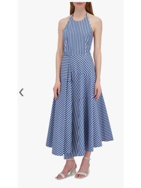 Lafayette 148 New York Blue White Striped Cotton Halter Dress Sz 8 Midi Pleated